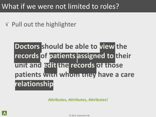 © 2013, Axiomatics AB
Pull out the highlighter
What if we were not limited to roles?
Doctors should be able to view the
records of patients assigned to their
unit and edit the records of those
patients with whom they have a care
relationship
Attributes, Attributes, Attributes!
 