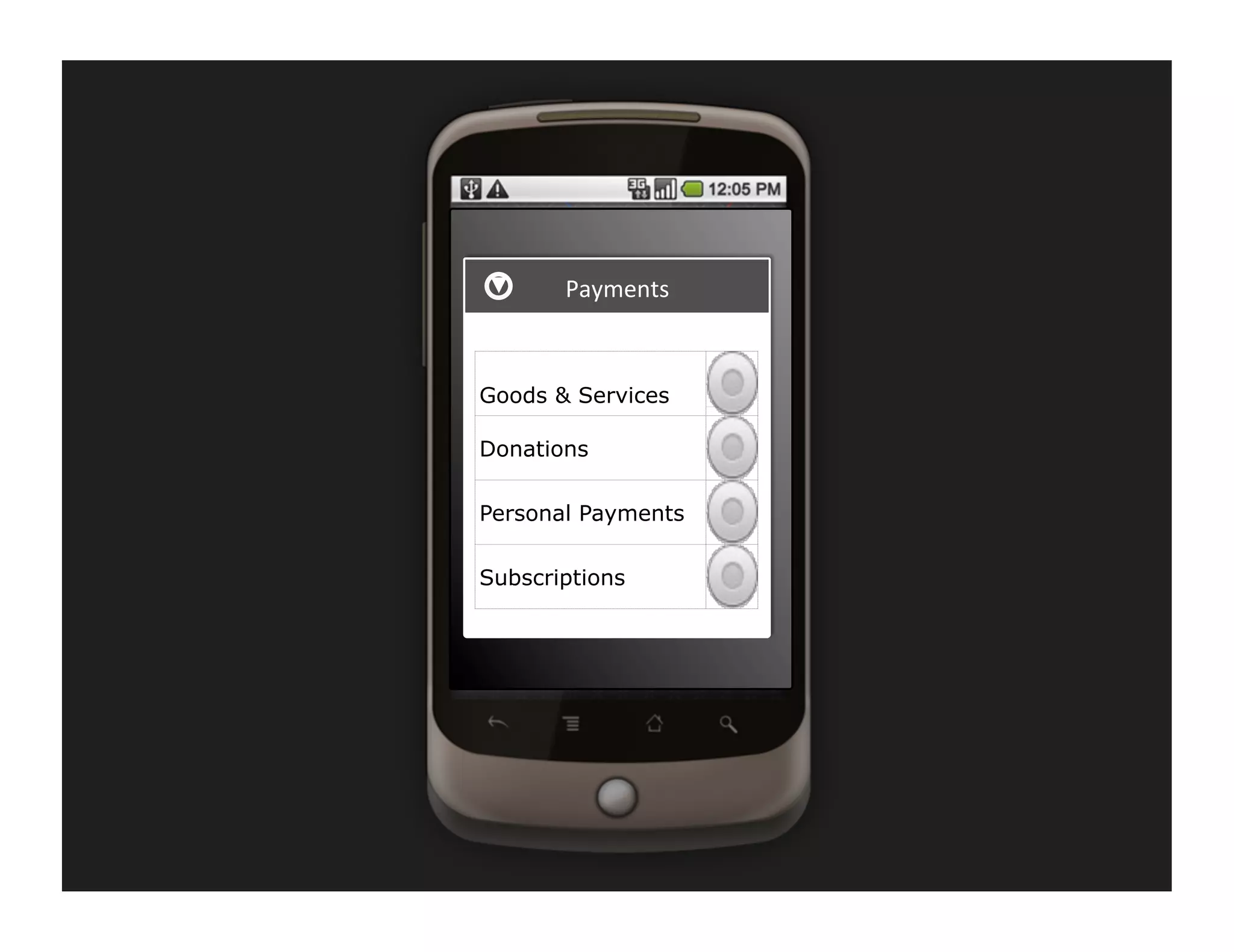 Payments	
  



Goods & Services

Donations

Personal Payments

Subscriptions
 