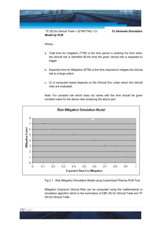 Project Management National Conference 2011                                            PMI India



                 TF (R) for Clinical Trails = (ETM/TTM) + Cr          :     To Generate Simulation
                 Model by PLM


                 Where,


                 a. Total time for mitigation (TTM) is the time period in working hrs from when
                    the clinical risk is identified till the time the given clinical risk is expected to
                    trigger.


                 b. Expected time for Mitigation (ETM) is the time required to mitigate the clinical
                    risk to a large extent.


                 c. Cr is computed based depends on the Clinical Env under which this clinical
                    risks are evaluated.


                 Note: For constant risk which does not varies with the time should be given
                 constant value for the above ratio analyzing the above part.




                 Fig 3.1: Risk Mitigation Simulation Model using Customized Pharma PLM Tool


                 Mitigation Exposure Clinical Risk can be computed using the mathematical or
                 simulation algorithm which is the summation of CBF (R) for Clinical Trails and TF
                 (R) for Clinical Trails



15|P a g e
 Application of Select Tools of Psychology for Effective Project Management
 