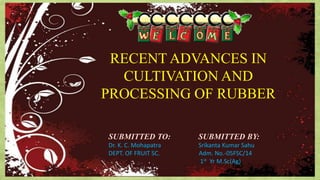 RECENT ADVANCES IN
CULTIVATION AND
PROCESSING OF RUBBER
SUBMITTED TO: SUBMITTED BY:
Dr. K. C. Mohapatra Srikanta Kumar Sahu
DEPT. OF FRUIT SC. Adm. No.-05FSC/14
1st Yr M.Sc(Ag)
 