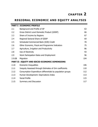 CHAPTER

2

REGIONAL ECONOMIC AND EQUITY ANALYSIS
PART I : ECONOMIC PROFILE
2.1

Background and Profile of AP

63

2.2

Gross District Level Domestic Product (GDDP)

66

2.3

Share of Income by Regions

67

2.4

Regional Sectoral Share of GDDP

69

2.5

Scheduled Commercial Bank (SCB) Credit

70

2.6

Other Economic, Fiscal and Programme Indicators

75

2.7

Agriculture, Irrigation and Productivity

86

2.8

Use of Electricity

93

2.9

Work Participation Rates and Employment

96

2.9.08

Migration

104

PART II : EQUITY AND SOCIO-ECONOMIC DIMENSIONS
2.10

Economic Inequalities

106

2.11

Inequity Assessed through Estimates of Gini coefficients

110

2.12

Consumption Expenditure differentials by population groups

112

2.13

Human Development: Deprivations Index

113

2.14

Social Profile

115

2.15

Summary and Discussion

117

 