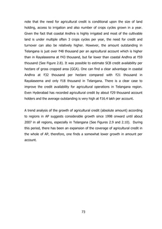note that the need for agricultural credit is conditional upon the size of land
holding, access to irrigation and also number of crops cycles grown in a year.
Given the fact that coastal Andhra is highly irrigated and most of the cultivable
land is under multiple often 3 crops cycles per year, the need for credit and
turnover can also be relatively higher. However, the amount outstanding in
Telangana is just over `48 thousand per an agricultural account which is higher
than in Rayalaseema at `43 thousand, but far lower than coastal Andhra at `59
thousand (See Figure 2.8). It was possible to estimate SCB credit availability per
hectare of gross cropped area (GCA). One can find a clear advantage in coastal
Andhra at `32 thousand per hectare compared with `21 thousand in
Rayalaseema and only `18 thousand in Telangana. There is a clear case to
improve the credit availability for agricultural operations in Telangana region.
Even Hyderabad has recorded agricultural credit by about `29 thousand account
holders and the average outstanding is very high at `16.4 lakh per account.
A trend analysis of the growth of agricultural credit (absolute amount) according
to regions in AP suggests considerable growth since 1998 onward until about
2007 in all regions, especially in Telangana (See Figures 2.9 and 2.10). During
this period, there has been an expansion of the coverage of agricultural credit in
the whole of AP, therefore, one finds a somewhat lower growth in amount per
account.

73

 