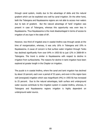through canal system, mostly due to the advantage of delta and the natural
gradient which can be exploited very well by canal irrigation. On the other hand,
both the Telangana and Rayalaseema regions are not able to access river waters
due to lack of gradient.

But the natural advantage of ‘tank’ irrigation was

present in case of Telangana, whereas this opportunity was even less in
Rayalaseema. Thus Rayalaseema is the most disadvantaged in terms of access to
irrigation of any type in the state of AP.
However, two third of irrigated area in coastal Andhra was through canals at the
time of reorganization, whereas, it was only 16% in Telangana and 19% in
Rayalaseema. A cause of concern is that surface water irrigation through Tanks
has declined significantly from over 64% in 1955-56 to just 12% in 2008-09 in
Telangana. The trend is similar in Rayalaseema with respect to decline in
irrigation from surface/tanks. The reasons for decline in tank irrigation have been
explored at greater length in the Chapter on irrigation.
The puzzle is in coastal Andhra, where the canal and tank irrigation has declined
by about 10 percent, each over a period of 53 years, and even in this region bore
well (energized) irrigation which was insignificant (4%) in 1955-56 has increased
to 25 percent. Due to the natural advantages, both surface and underground
water sources contribute to the irrigation system in coastal Andhra, whereas, in
Telangana and Rayalaseema regions irrigation is highly dependent on
underground water source.

89

 