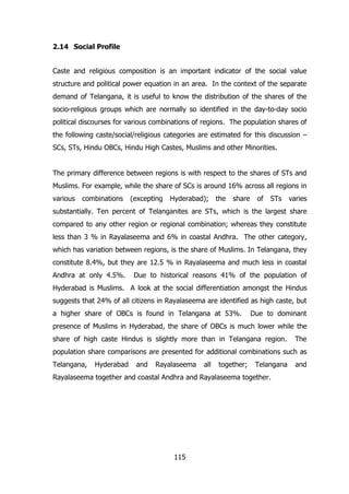 2.14 Social Profile
Caste and religious composition is an important indicator of the social value
structure and political power equation in an area. In the context of the separate
demand of Telangana, it is useful to know the distribution of the shares of the
socio-religious groups which are normally so identified in the day-to-day socio
political discourses for various combinations of regions. The population shares of
the following caste/social/religious categories are estimated for this discussion –
SCs, STs, Hindu OBCs, Hindu High Castes, Muslims and other Minorities.
The primary difference between regions is with respect to the shares of STs and
Muslims. For example, while the share of SCs is around 16% across all regions in
various

combinations

(excepting

Hyderabad);

the

share

of

STs

varies

substantially. Ten percent of Telanganites are STs, which is the largest share
compared to any other region or regional combination; whereas they constitute
less than 3 % in Rayalaseema and 6% in coastal Andhra. The other category,
which has variation between regions, is the share of Muslims. In Telangana, they
constitute 8.4%, but they are 12.5 % in Rayalaseema and much less in coastal
Andhra at only 4.5%.

Due to historical reasons 41% of the population of

Hyderabad is Muslims. A look at the social differentiation amongst the Hindus
suggests that 24% of all citizens in Rayalaseema are identified as high caste, but
a higher share of OBCs is found in Telangana at 53%.

Due to dominant

presence of Muslims in Hyderabad, the share of OBCs is much lower while the
share of high caste Hindus is slightly more than in Telangana region.

The

population share comparisons are presented for additional combinations such as
Telangana,

Hyderabad

and

Rayalaseema

all

together;

Telangana

Rayalaseema together and coastal Andhra and Rayalaseema together.

115

and

 