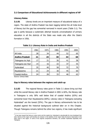 3.1 Comparison of Educational Achievements in different regions of AP
Literacy Rates
3.1.01

Literacy levels are an important measure of educational status of a

region. The state of Andhra Pradesh has been lagging behind the all India level
of literacy but the gap has somewhat narrowed in recent years (Table 3.1). The
gap is partly because a systematic attempt towards universalisation of primary
education in all the districts of the State was made only after the State‟s
formation in 1956.
Table 3.1: Literacy Rate in India and Andhra Pradesh
1961

1971

1981

1991

2001

All India

28

34

44

52

65

Andhra Pradesh

21

25

30

44

60

Telangana inc Hyd

17

21

26

41

58

Telangana exc Hyd

14

16

22

37

55

Hyderabad

35

40

58

72

79

Rayalaseema

21

24

30

45

60

Coastal Andhra

24

28

33

46

63

Source: Census Data

Gap in literacy rates between the regions and catch up
3.1.02

The regional literacy rates given in Table 3.1 above bring out that

while the overall literacy rate in Andhra Pradesh in 2001 is 60%, the literacy rate
in Telangana is only 58% well below that of coastal Andhra (63%) and
somewhat lower than Rayalaseema (60%). Literacy rates in Telangana excluding
Hyderabad1 are the lowest (55%). The gap in literacy achievements has to be
situated against the historical background outlined later on in this Chapter.
Though Telangana remains behind the other two regions, it has made significant
1

It has been argued that being an urban centre and the capital city, Hyderabad is educationally far more developed than
other districts of the region and therefore its inclusion in the statistics of the region hides the level of deprivation of the
other areas in the region. In some of the regional comparisons therefore, we consider Hyderabad separately from
Telangana.

126

 