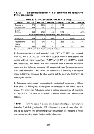 4.17.05
Total connected load of HT & LT consumers and Agriculture
Power Consumption
Table 4.18 Total Connected Load HT & LT (MW)
Region

1971-72

1981-82

1991-92

2001-02

2007-08

2008-09

Telangana

770

2241

5074

9432

-

16739

Rayalaseema
coastal
Andhra

474

895

2014

3564

-

5402

-

16203

949
1801
4446
7491
Agriculture Power Consumption LT in Million KWH

Telangana

154

376

4088

7357

8406

9274

Rayalaseema

155

245

1617

2508

3242

3727

coastal
Andhra

180

322

1267

2291

2821

3054

Source: Volume-I of „Andhra Pradesh Statistics of Key Indicators‟

In Telangana region the total connected Load of HT & LT (MW) has increased
from 770 MW in 1971-72 to 16739 MW in 2008-09, while in Rayalaseema and
coastal Andhra it has increased from 474 MW to 5402 MW and 949 MW to 16203
MW respectively. This shows that total connected load in MW for Telangana
region was the highest as compared with coastal Andhra or Rayalaseema region
from 1981-82 onward. It also means that the demand of electricity in Telangana
region is higher as compared to other regions and the electricity department is
meeting the demand.
In Telangana region, power consumption by agricultural consumers in Million
KWH (MUs) is the highest as compared to Rayalaseema and coastal Andhra
region. This shows that Telangana region is making maximum use of electricity
for agricultural consumers as compared to coastal Andhra and Rayalaseema
regions.
4.17.06

From the above, it is noted that the agricultural power consumption

in Andhra Pradesh is growing since 1971. However the growth is more after 1981
and up to 2008-09. The agricultural power consumption in Telangana is much
more as compared to coastal Andhra and Rayalaseema.

234

 