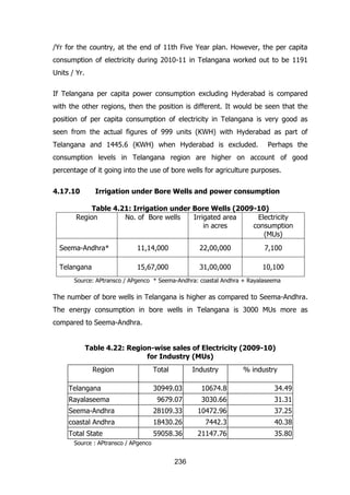 /Yr for the country, at the end of 11th Five Year plan. However, the per capita
consumption of electricity during 2010-11 in Telangana worked out to be 1191
Units / Yr.
If Telangana per capita power consumption excluding Hyderabad is compared
with the other regions, then the position is different. It would be seen that the
position of per capita consumption of electricity in Telangana is very good as
seen from the actual figures of 999 units (KWH) with Hyderabad as part of
Telangana and 1445.6 (KWH) when Hyderabad is excluded.

Perhaps the

consumption levels in Telangana region are higher on account of good
percentage of it going into the use of bore wells for agriculture purposes.
4.17.10

Irrigation under Bore Wells and power consumption

Table 4.21: Irrigation under Bore Wells (2009-10)
Region
No. of Bore wells
Irrigated area
Electricity
in acres
consumption
(MUs)
Seema-Andhra*

11,14,000

22,00,000

7,100

Telangana

15,67,000

31,00,000

10,100

Source: APtransco / APgenco * Seema-Andhra: coastal Andhra + Rayalaseema

The number of bore wells in Telangana is higher as compared to Seema-Andhra.
The energy consumption in bore wells in Telangana is 3000 MUs more as
compared to Seema-Andhra.
Table 4.22: Region-wise sales of Electricity (2009-10)
for Industry (MUs)
Region
Telangana

Total

Industry

% industry

30949.03

10674.8

34.49

9679.07

3030.66

31.31

Seema-Andhra

28109.33

10472.96

37.25

coastal Andhra

18430.26

7442.3

40.38

Total State

59058.36

21147.76

35.80

Rayalaseema

Source : APtransco / APgenco

236

 