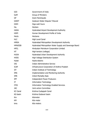 GOI

Government of India

GoM

Group of Ministers

GP

Gram Panchayats

GWDT

Godavari Water Dispute Tribunal

GWH

Giga watt hours

Ha.

Hectare

HADA

Hyderabad Airport Development Authority

HDPI

Human Development Profile of India

Hects

Hectares

HLC

High Level Canal

HMDA

Hyderabad Metropolitan Development Authority

HMWSSB

Hyderabad Metropolitan Water Supply and Sewerage Board

HPCL

Hindustan Petroleum Corporation Limited

HT

High tension (voltage)

HUDA

Hyderabad Urban Development Authority

HVDS

High Voltage Distribution System

Hydel

Hydro-electric

IAS

Indian Administrative Service

ICAP

Infrastructure Corporation of Andhra Pradesh

IIT

Indian Institute of Technology

IMA

Implementation and Monitoring Authority

IMR

Infant Mortality Rate

IPP

Independent Power Producers

IT

Information Technology

ITES

Information Technology Enabled Services

JAC

Joint action Committee

KC Canal

Krishna Cudappah Canal

KG basin

Krishna Godavari basin

Km

Kilometer

KM

Kilo meter

kms

Kilo meters

xxxi

 
