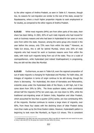to the other regions of Andhra Pradesh, as seen in Table 6.7. However, though
low, its reasons for out-migration are similar to the rest of the state, except for
Rayalaseema, where a much higher proportion migrate to seek employment or
for studies, as compared to the other regions of Andhra Pradesh.

6.15.02

While most migrants (84%) are from other parts of the state, their

share has been falling. In 2001, 82% of such male migrants who had moved for
work or business reasons and who had been in Hyderabad for ten years or more
were from within the state. However, among the same group who moved in the
year before the census, only 73% were from within the state. 11 However, as
Table 6.8 shows, this is still far behind Mumbai, where only 26% of male
migrants who had moved for work or business reasons were from within the
state, with most such migrants being from out of the state. Thus on a scale of
cosmopolitanism, while Hyderabad (and indeed Visakhapatnam) is progressing,
they are still not like cities like Mumbai.

6.15.03

Furthermore, as seen in Table 6.8, even the regional composition of

out of state migrants is changing for Hyderabad and Mumbai. For both cities, old
linkages of migration in terms of origin continue to be still strong, though the
share is decreasing. For Hyderabad, the share of Karnataka and Maharashtra,
erstwhile areas under the Hyderabad state of the Nizam, is still high, but it has
come down from 39% to 28%. The three southern states, which contributed
almost half the migrants (47%) ten years ago, are now down to 30%, while the
traditional out-migrating areas of Eastern India, Rajasthan and Uttar Pradesh,
which accounted for less than a quarter (23%) earlier, are now contributing 40%
of the migrants. Mumbai continues to receive a large share of migrants, over
60%, from these four states with the declining share of Uttar Pradesh being
more than made up by the three Eastern states. However, Hyderabad‟s pattern is
beginning to look more like Mumbai‟s, as Figure 6.5 shows. This is consistent
11

In Visakhapatnam, this effect was even more pronounced. While it was 86% for migrants who had moved for ten years
or more, it was only 63% for the group who moved in the year before the census.

323

 