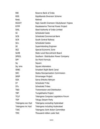 RBI

Reserve Bank of India

RDS

Rajolibanda Diversion Scheme

Retd.

Retired

RGGVY

Rajiv Gandhi Grameen Vidutyikaran Yojana

RTPP

Rayalaseema Thermal Power Project

SAIL

Steel Authority of India Limited

SC

Scheduled Caste

SCB

Scheduled Commercial Bank

SCR

South Central Railway

SCs

Scheduled Castes

SE

Superintending Engineer

SEZ

Special Economic Zone

SLRB

State Level Recruitment Board

SPDCL

Southern Distribution Power Company

SPF

Six Point Formula

Sq

Square

Sq. kms

Square kilometers

SRBC

Srisailam Right Bank Canal

SRC

States Reorganisation Commission

SRSP

Sriramsagar Project

SSA

Sarva Shiksha Abhiyan

ST

Scheduled Tribe

STs

Scheduled Tribes

T&D

Transmission and Distribution

TBP

Tungabhadra Project

TCLF

Telangana Congress Legislators Forum

TDP

Telugu Desam Party

Telangana exc Hyd

Telangana excluding Hyderabad

Telangana inc Hyd

Telangana including Hyderabad

TJAC

Telangana Joint Action Committee

TMC

Thousand million cubic feet

xxxiv

 