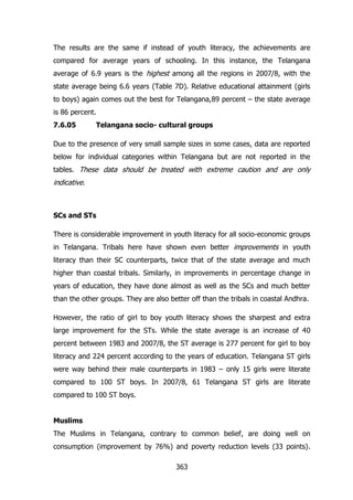 The results are the same if instead of youth literacy, the achievements are
compared for average years of schooling. In this instance, the Telangana
average of 6.9 years is the highest among all the regions in 2007/8, with the
state average being 6.6 years (Table 7D). Relative educational attainment (girls
to boys) again comes out the best for Telangana,89 percent – the state average
is 86 percent.
7.6.05

Telangana socio- cultural groups

Due to the presence of very small sample sizes in some cases, data are reported
below for individual categories within Telangana but are not reported in the
tables. These data should be treated with extreme caution and are only

indicative.

SCs and STs
There is considerable improvement in youth literacy for all socio-economic groups
in Telangana. Tribals here have shown even better improvements in youth
literacy than their SC counterparts, twice that of the state average and much
higher than coastal tribals. Similarly, in improvements in percentage change in
years of education, they have done almost as well as the SCs and much better
than the other groups. They are also better off than the tribals in coastal Andhra.
However, the ratio of girl to boy youth literacy shows the sharpest and extra
large improvement for the STs. While the state average is an increase of 40
percent between 1983 and 2007/8, the ST average is 277 percent for girl to boy
literacy and 224 percent according to the years of education. Telangana ST girls
were way behind their male counterparts in 1983 – only 15 girls were literate
compared to 100 ST boys. In 2007/8, 61 Telangana ST girls are literate
compared to 100 ST boys.
Muslims
The Muslims in Telangana, contrary to common belief, are doing well on
consumption (improvement by 76%) and poverty reduction levels (33 points).
363

 