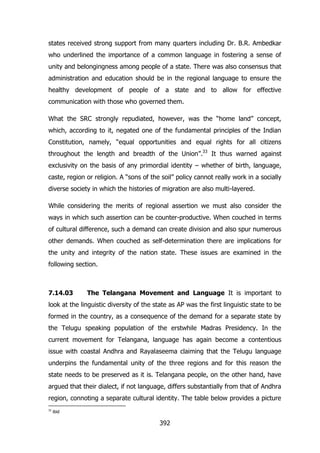 states received strong support from many quarters including Dr. B.R. Ambedkar
who underlined the importance of a common language in fostering a sense of
unity and belongingness among people of a state. There was also consensus that
administration and education should be in the regional language to ensure the
healthy development of people of a state and to allow for effective
communication with those who governed them.
What the SRC strongly repudiated, however, was the “home land” concept,
which, according to it, negated one of the fundamental principles of the Indian
Constitution, namely, “equal opportunities and equal rights for all citizens
throughout the length and breadth of the Union”.33 It thus warned against
exclusivity on the basis of any primordial identity – whether of birth, language,
caste, region or religion. A “sons of the soil” policy cannot really work in a socially
diverse society in which the histories of migration are also multi-layered.
While considering the merits of regional assertion we must also consider the
ways in which such assertion can be counter-productive. When couched in terms
of cultural difference, such a demand can create division and also spur numerous
other demands. When couched as self-determination there are implications for
the unity and integrity of the nation state. These issues are examined in the
following section.

7.14.03

The Telangana Movement and Language It is important to

look at the linguistic diversity of the state as AP was the first linguistic state to be
formed in the country, as a consequence of the demand for a separate state by
the Telugu speaking population of the erstwhile Madras Presidency. In the
current movement for Telangana, language has again become a contentious
issue with coastal Andhra and Rayalaseema claiming that the Telugu language
underpins the fundamental unity of the three regions and for this reason the
state needs to be preserved as it is. Telangana people, on the other hand, have
argued that their dialect, if not language, differs substantially from that of Andhra
region, connoting a separate cultural identity. The table below provides a picture
33

ibid

392

 