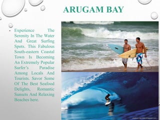 ARUGAM BAY
• Experience The
Serenity In The Water
And Great Surfing
Spots. This Fabulous
South-eastern Coastal
Town Is Becoming
An Extremely Popular
Surfer’s Paradise
Among Locals And
Tourists. Savor Some
Of The Best Seafood
Delights, Romantic
Sunsets And Relaxing
Beaches here.
 
