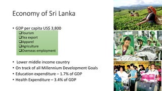 Economy of Sri Lanka
• GDP per capita US$ 3,800
Tourism
Tea export
Apparel
Agriculture
Overseas employment
• Lower middle income country
• On track of all Millennium Development Goals
• Education expenditure – 1.7% of GDP
• Health Expenditure – 3.4% of GDP
 