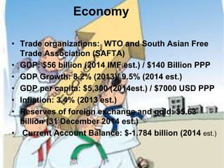 Economy
• Trade organizations: WTO and South Asian Free
Trade Association (SAFTA)
• GDP: $56 billion (2014 IMF est.) / $140 Billion PPP
• GDP Growth: 8.2% (2013)/ 9.5% (2014 est.)
• GDP per capita: $5,300 (2014est.) / $7000 USD PPP
• Inflation: 3.4% (2013 est.)
• Reserves of foreign exchange and gold: $5.63
billion (31 December 2014 est.)
• Current Account Balance: $-1.784 billion (2014 est.)
 