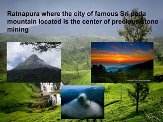 Ratnapura where the city of famous Sri pada
mountain located is the center of precious stone
mining
 