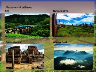 Places to visit Srilanka
Ella Nuwara Eliya
Polonnaruwa Adams Peak
 