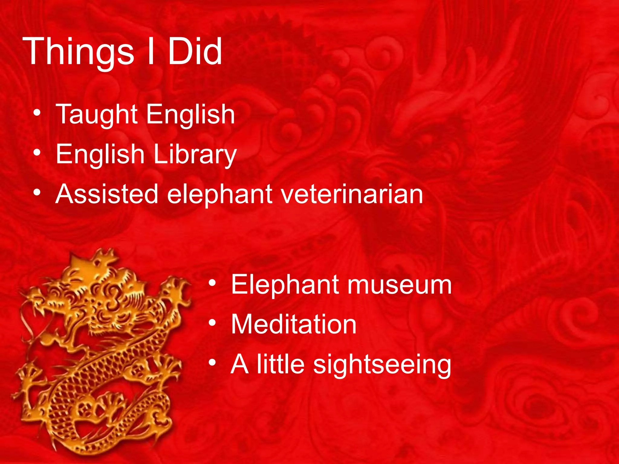 Things I Did
• Taught English
• English Library
• Assisted elephant veterinarian
• Elephant museum
• Meditation
• A little sightseeing
 