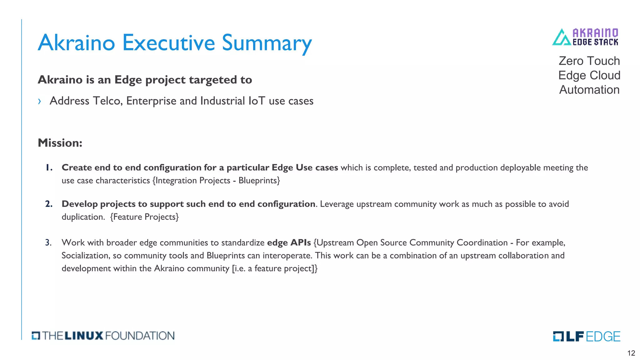 Akraino Executive Summary
Akraino is an Edge project targeted to
› Address Telco, Enterprise and Industrial IoT use cases
Mission:
1. Create end to end configuration for a particular Edge Use cases which is complete, tested and production deployable meeting the
use case characteristics {Integration Projects - Blueprints}
2. Develop projects to support such end to end configuration. Leverage upstream community work as much as possible to avoid
duplication. {Feature Projects}
3. Work with broader edge communities to standardize edge APIs {Upstream Open Source Community Coordination - For example,
Socialization, so community tools and Blueprints can interoperate. This work can be a combination of an upstream collaboration and
development within the Akraino community [i.e. a feature project]}
12
Zero Touch
Edge Cloud
Automation
 