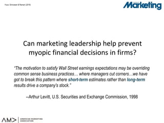 From:
Can marketing leadership help prevent
myopic financial decisions in firms?
“The motivation to satisfy Wall Street earnings expectations may be overriding
common sense business practices… where managers cut corners…we have
got to break this pattern where short-term estimates rather than long-term
results drive a company's stock.”
--Arthur Levitt, U.S. Securities and Exchange Commission, 1998
Srinivasan & Ramani (2019)
 