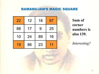 RAMANUJAN’S MAGIC SQUARE
Sum of
corner
numbers is
also 139.
Interesting?
22 12 18 87
88 17 9 25
10 24 89 16
19 86 23 11
19
 