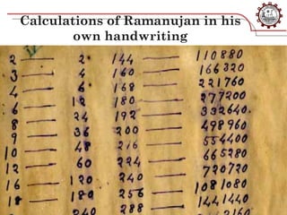 Calculations of Ramanujan in his
         own handwriting




02/23/13         Source:    Confidential   32
 