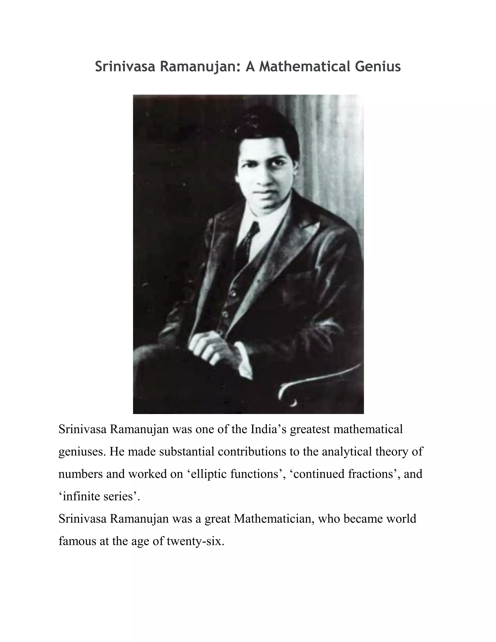 Srinivasa Ramanujan: A Mathematical Genius | PDF 
