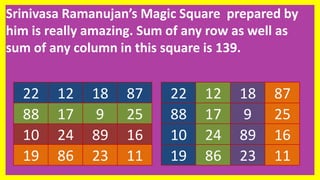 Srinivasa Ramanujan’s Magic Square prepared by
him is really amazing. Sum of any row as well as
sum of any column in this square is 139.
22 12 18 87
88 17 9 25
10 24 89 16
19 86 23 11
22 12 18 87
88 17 9 25
10 24 89 16
19 86 23 11
 