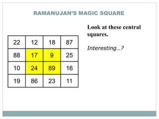 RAMANUJAN’S MAGIC SQUARE
22 12 18 87
88 17 9 25
10 24 89 16
19 86 23 11
Look at these central
squares.
Interesting…?
 