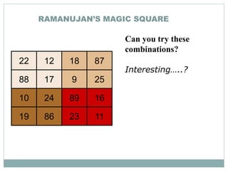 RAMANUJAN’S MAGIC SQUARE
22 12 18 87
88 17 9 25
10 24 89 16
19 86 23 11
Can you try these
combinations?
Interesting…..?
 