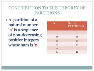 CONTRIBUTION TO THE THEOREY OF
PARTITIONS
N No. of
PARTITIONS
1 1
2 2
3 3
4 5
5 7
6 11
 A partition of a
natural number
‘n’ is a sequence
of non-decreasing
positive integers
whose sum is ‘n’.
 