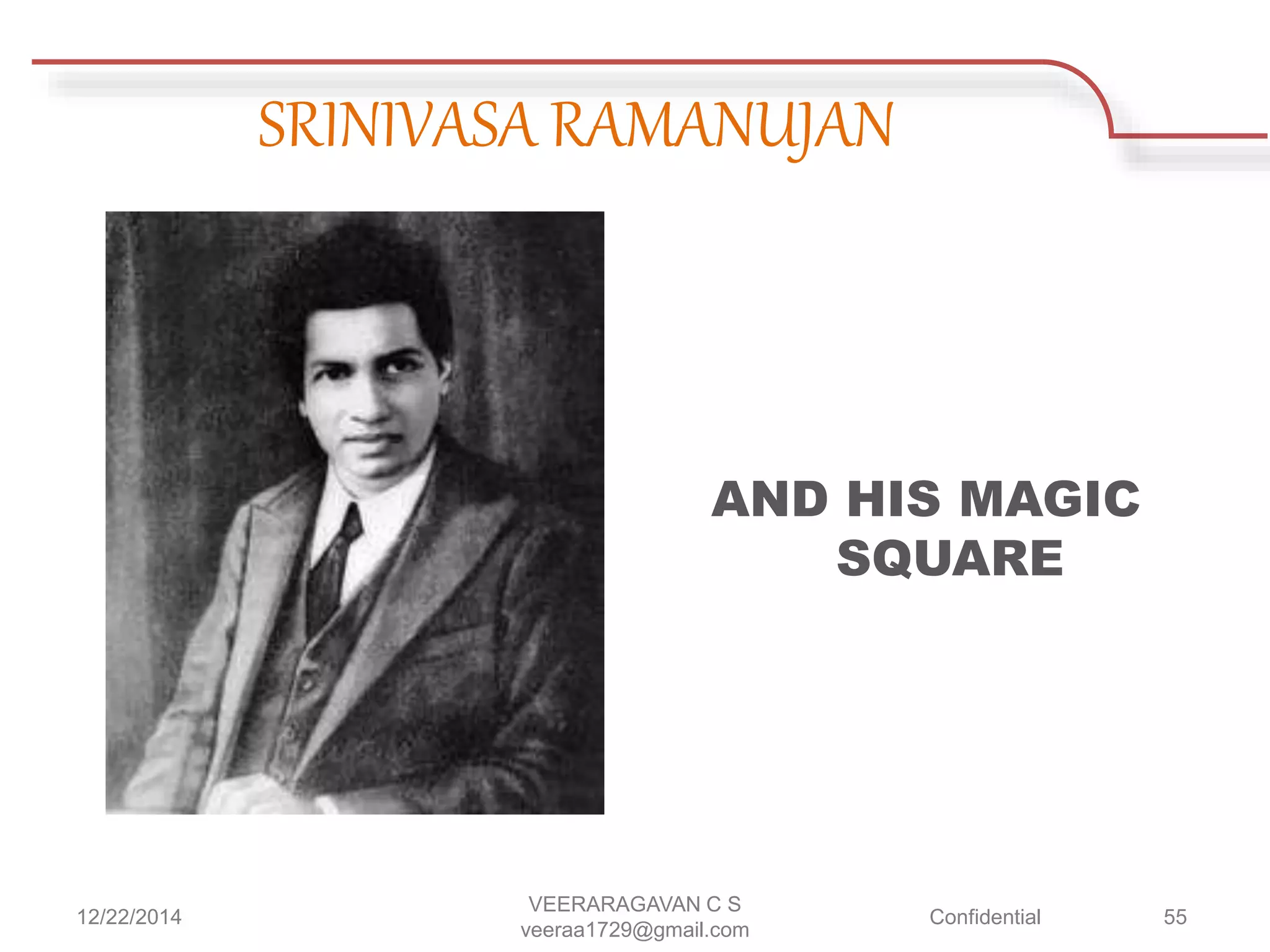SRINIVASA RAMANUJAN
AND HIS MAGIC
SQUARE
12/22/2014
VEERARAGAVAN C S
veeraa1729@gmail.com
Confidential 55
 