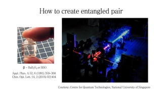 How to create entangled pair
Courtesy: Centre for Quantum Technologies, National University of Singapore
β - BaB2O4 or BBO
Appl. Phys. A 52, 6 (1991) 359-368
Chin. Opt. Lett. 14, 2 (2016) 021404
 