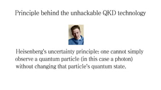 Principle behind the unhackable QKD technology
Heisenberg's uncertainty principle: one cannot simply
observe a quantum particle (in this case a photon)
without changing that particle's quantum state.
 
