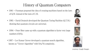 History of Quantum Computers
• 1981 - Feynman proposed the idea of creating machines based on the laws
of Q.M. instead of the laws of C.M.
• 1985 - David Deutsch developed the Quantum Turing Machine (Q.T.M.)
showing that quantum circuits are universal.
• 1994 - Peter Shor came up with a quantum algorithm to factor very large
numbers (O(N)).
• 1997 - Lov Kumar Grover developed a quantum search algorithm,
known as "Grover Algorithm" with O(√N) complexity.
courtesy: Google Images
 