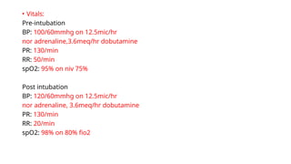 • Vitals:
Pre-intubation
BP: 100/60mmhg on 12.5mic/hr
nor adrenaline,3.6meq/hr dobutamine
PR: 130/min
RR: 50/min
spO2: 95% on niv 75%
Post intubation
BP: 120/60mmhg on 12.5mic/hr
nor adrenaline, 3.6meq/hr dobutamine
PR: 130/min
RR: 20/min
spO2: 98% on 80% fio2
 