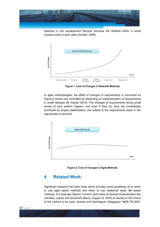 Project Management National Conference 2011                                        PMI India



                 detected in the development lifecycle because the artifacts within a serial
                 process build on each other (Ambler, 2006).




                                  Figure 1: Cost of Changes in Waterfall Methods


                 In agile methodologies, the effect of changes of requirements is minimized as
                 Figure-2 shows and controlled by depending on implementation of requirements
                 in small releases (M. Kamel, 2010). The changes of requirements during small
                 period of time seldom happen, and even if they do, they are immediately
                 prioritized by project stakeholders, and added to the requirements stack in the
                 appropriate increments.




                                    Figure 2: Cost of Changes in Agile Methods



                 4      Related Work:

                 Significant research has been done which provides some guidelines as to when
                 to use agile based methods and when to use traditional water fall based
                 methods. For example, Boehm Turner's work looks at several characteristics like
                 criticality, culture and dynamism (Barry, August 15, 2003) to decide on the choice
                 of the method to be used. Andrew and Nachiappan (Nagappan, MSR-TR-2007-

6|P a g e
 Application of Select Tools of Psychology for Effective Project Management
 