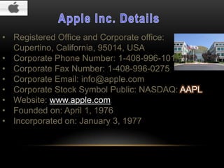 • Registered Office and Corporate office:
Cupertino, California, 95014, USA
• Corporate Phone Number: 1-408-996-1010
• Corporate Fax Number: 1-408-996-0275
• Corporate Email: info@apple.com
• Corporate Stock Symbol Public: NASDAQ: AAPL
• Website: www.apple.com
• Founded on: April 1, 1976
• Incorporated on: January 3, 1977

 