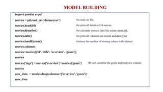 #to read csv file
#to print all details of 10 movies
#to calculate statiscal data like count, mean,std,
#to print all columns and nonull and data types
#returns the number of missing values in the dataset
import pandas as pd
movies = pd.read_csv('dataset.csv’)
movies.head(10)
movies.describe()
movies.info()
movies.isnull().sum()
movies.columns
#it will combine the genre and overview column
movies=movies[['id', 'title', 'overview', 'genre']]
movies
movies['tags'] = movies['overview']+movies['genre’]
movies
new_data = movies.drop(columns=['overview', 'genre'])
new_data
MODEL BUILDING
 