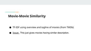 Movie-Movie Similarity
● TF-IDF using overview and tagline of movies (from TMDb)
● Issue: This just gives movies having similar description.
 