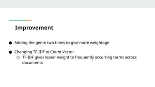● Adding the genre two times to give more weightage
● Changing TF-IDF to Count Vector
○ TF-IDF gives lesser weight to frequently occurring terms across
documents
Improvement
 