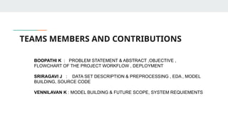 TEAMS MEMBERS AND CONTRIBUTIONS
BOOPATHI K : PROBLEM STATEMENT & ABSTRACT ,OBJECTIVE ,
FLOWCHART OF THE PROJECT WORKFLOW , DEPLOYMENT
SRIRAGAVI J : DATA SET DESCRIPTION & PREPROCESSING , EDA , MODEL
BUILDING, SOURCE CODE
VENNILAVAN K : MODEL BUILDING & FUTURE SCOPE, SYSTEM REQUIEMENTS
 