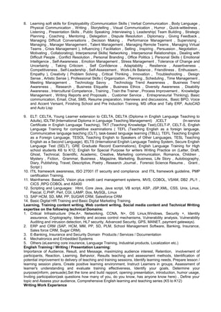 8. Learning soft skills for Employability (Communication Skills ( Verbal Communication , Body Language ,
Physical Communication , Writing , Storytelling , Visual Communication , Humor , Quick-wittedness ,
Listening , Presentation Skills , Public Speaking ,Interviewing ), Leadership( Team Building , Strategic
Planning , Coaching , Mentoring , Delegation , Dispute Resolution , Diplomacy , Giving Feedback ,
Managing Difficult Conversations , Decision Making , Performance Management , Supervising ,
Managing , Manager Management , Talent Management , Managing Remote Teams , Managing Virtual
Teams , Crisis Management ), Influencing ( Facilitation , Selling , Inspiring , Persuasion , Negotiation ,
Motivating , Collaborating), Interpersonal Skills( Networking , Interpersonal Relationships , Dealing with
Difficult People , Conflict Resolution , Personal Branding , Office Politics ), Personal Skills ( Emotional
Intelligence , Self-Awareness , Emotion Management , Stress Management , Tolerance of Change and
Uncertainty , Taking Criticism , Self Confidence , Adaptability , Resilience , Assertiveness ,
Competitiveness , Self-Leadership , Self-Assessment , Work-Life Balance , Friendliness , Enthusiasm ,
Empathy ), Creativity ( Problem Solving , Critical Thinking , Innovation , Troubleshooting , Design
Sense , Artistic Sense ), Professional Skills ( Organization , Planning , Scheduling , Time Management ,
Meeting Management , Technology Savvy , Technology Trend Awareness , Business Trend
Awareness , Research , Business Etiquette , Business Ethics , Diversity Awareness , Disability
Awareness , Intercultural Competence , Training , Train the Trainer , Process Improvement , Knowledge
Management , Writing Reports and Proposals , Customer Service , Entrepreneurial Thinking), Basic
communication, Email, Chat, SMS, Resume preparation, Interviews and discussions, Basic BPO, Voice
and Accent Versant, Finishing School and Pre Induction Training, MS office and Tally ERP, AutoCAD
and Auto Lisp
9. ELT: CELTA, Young Learner extension to CELTA, DELTA (Diploma in English Language Teaching to
Adults), IDLTM (International Diploma in Language Teaching Management) ,ICELT (In-service
Certificate in English Language Teaching), TKT (Teaching Knowledge Test),CELT-P, CELT-S, English
Language Training for competitive examinations ( TEFL (Teaching English as a foreign language,
Communicative language teaching (CLT), task-based language learning (TBLL), TEFL Teaching English
as a Foreign Language, TESOL Teaching English to Speakers of Other Languages, TESL Teaching
English as a Second Language), IELTS (International English Language Testing System, Secure English
Language Test (SELT), GRE Graduate Record Examinations), English Language Training for High
school students K6 to K12, English for Special Purpose for writers Writing Practice on (Letter, Draft,
Ghost, Technical, Scientific, Academic, Creative, Marketing communication, Romance, Children ,
Mystery , Fiction, Grammar, Business , Magazine, Marketing, Business, Life Story , Autobiography,
Diary, Publishing, Travel, Descriptive, Poetry , Research ,Journal , Forensic Science Resume , Grant ,
Script )
10. ITIL framework awareness, ISO 27001 IT security and compliance and ITIL framework guideline, PMP
certification Training,
11. Mainframes: Base24, Vision plus credit card management systems, MVS, COBOL, VSAM, DB2 ,PL/1 ,
CICS ,RPG COBOL and AS400
12. Scripting and Languages: Html, Core Java, Java script, VB script, ASP, JSP,XML, CSS, Unix, Linux,
Pascal, C,PHP, Perl, CGI, LAMP, Dos, MySQL, Linux
13. SAP HCM, SD, MM, PP, SUGAR CRM, Salesforce CRM
14. Basic Digital HR Training and Basic Digital Marketing Training.
Learning, Training content writing, Web content writing, Social media content and Technical Writing
expertise on the following technical Domains:
1. Critical Infrastructure (Hw,A+, Networking, CCNA, N+, OS Linux,Windows, Security +, Identity
assurance, Cryptography, Identity and access control mechanisms, Vulnerability analysis, Vulnerability
Auditing and intrusion detection, HL7 security, Advanced Security, GPS, MANET, payment gateways).
2. ERP and CRM (SAP, HCM, MM, PP, SD, PLM, School Management Software, Banking, Insurance,
Sales force CRM, Sugar CRM).
3. E-Banking, Insurance and Security Domain Products / Services / Documentation
4. Mechatronics and Embedded Systems
5. Others (eLearning core insurance, Language Training, Industrial products, Localization etc.)
English Training / Writing / Presentation Learning:
Importance of Audience, Result, and Message, maximizing audience interest, Retention, involvement of
participants, Reaction, Learning, Behavior, Results teaching and assessment methods, Identification of
potential improvement to delivery of teaching and training sessions, Identify learning needs, Prepare lesson /
learning session plans, Create positive learning environment, Instruct Learners in groups, Assessment of
learner's understanding and evaluate training effectiveness, Identify your goals, Determine your
purpose(inform, persuade),Set the tone and build rapport, opening presentation, introduction, humor usage,
Inviting participation(ask questions how many of you, do you know, has anyone know here) , Define your
topic and Assess your audience, Comprehensive English learning and teaching series (K5 to K12)
Writing Work Experience
 