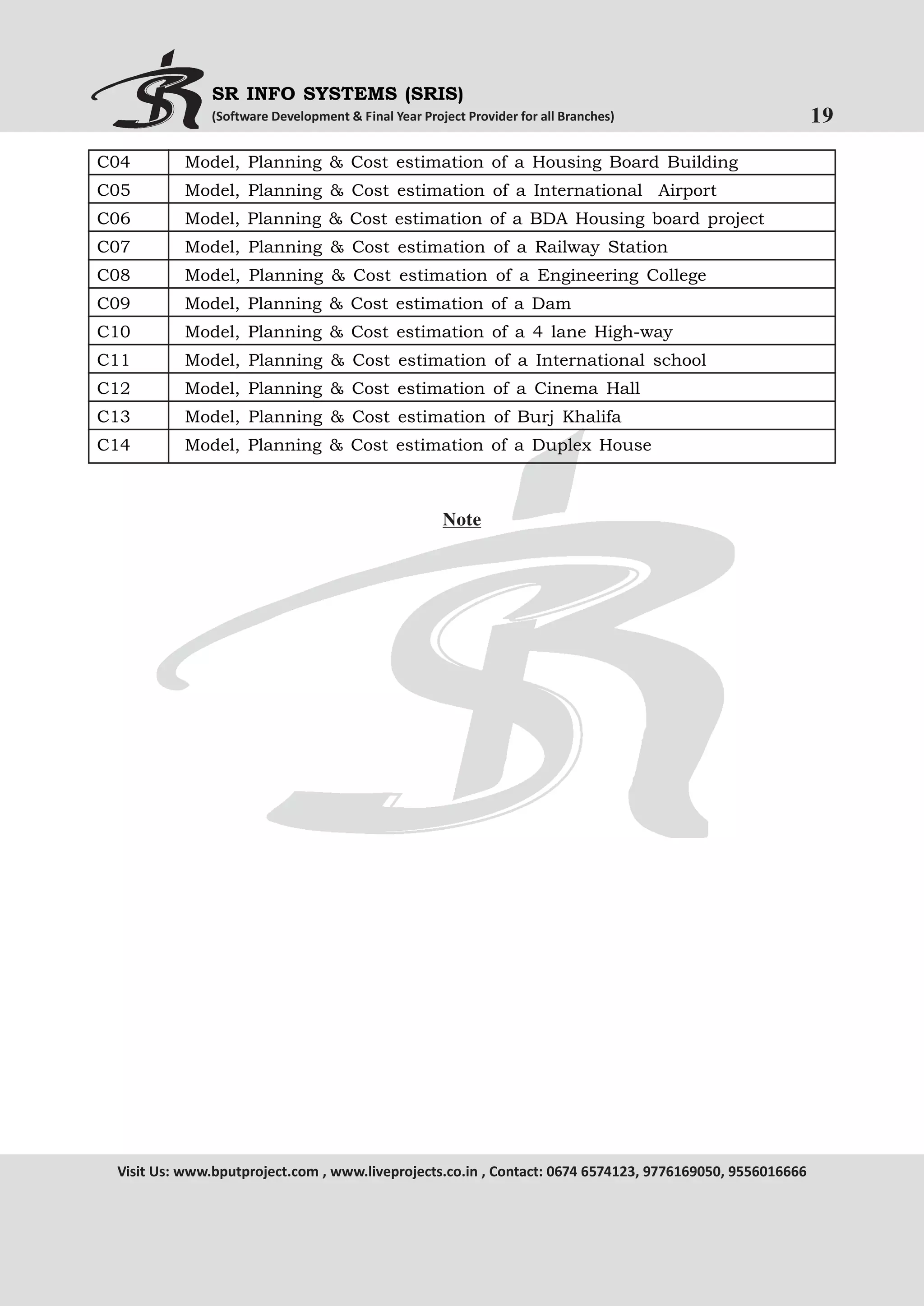 SR INFO SYSTEMS (SRIS)
(Software Development & Final Year Project Provider for all Branches)

C04

Model, Planning & Cost estimation of a Housing Board Building

C05

Model, Planning & Cost estimation of a International Airport

C06

Model, Planning & Cost estimation of a BDA Housing board project

C07

Model, Planning & Cost estimation of a Railway Station

C08

Model, Planning & Cost estimation of a Engineering College

C09

Model, Planning & Cost estimation of a Dam

C10

Model, Planning & Cost estimation of a 4 lane High-way

C11

Model, Planning & Cost estimation of a International school

C12

Model, Planning & Cost estimation of a Cinema Hall

C13

Model, Planning & Cost estimation of Burj Khalifa

C14

Model, Planning & Cost estimation of a Duplex House

Note

Visit Us: www.bputproject.com , www.liveprojects.co.in , Contact: 0674 6574123, 9776169050, 9556016666

19

 