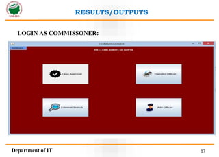 Department of IT 17
RESULTS/OUTPUTS
LOGIN AS COMMISSONER:
 