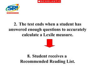 The test ends when a student has answered enough questions to accurately calculate a Lexile measure. Student receives a  Recommended Reading List. 
