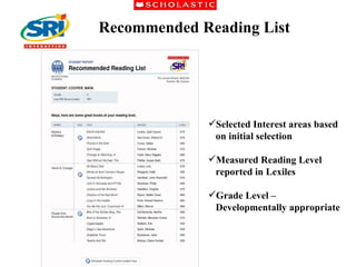 Recommended Reading List Selected Interest areas based on initial selection Measured Reading Level  reported in Lexiles Grade Level –  Developmentally appropriate 