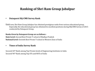 Ranking of Shri Ram Group Jabalpur
• Dataquest DQ-CMR Survey Rank
Until now, Shri Ram Group Jabalpur has obtained prestigious ranks from various educational group.
Especially, the educational group has obtained its excellent positions during DQ-CMR Survey of 2015
conducted by Dataquest Group.
Ranks Given by Dataquest Group are as follows:-
State Level:-Second Best Private T-school of Madhya Pradesh
National Level:-Seventh Best Private T-school in Western Zone of India
• Times of India Survey Rank
Secured 44th Rank among Top Private-levels of Engineering Institutes in India
Secured 96th Rank among Top IITs and NIITs of India
 