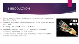 INTRODUCTION
 Optical fibre is a coaxial cylindrical arrangement of two homogenous
dielectric material
 It is flexible, transparent fibre made of silica or plastic slightly thicker than
human hair
 Its working is based on Total Internal Reflection
 they permit transmission over longer distances and at higher
bandwidths (data rates) than wire cables.
 Specially designed fibres are used for a variety of other applications,
including sensors and fibre lasers.
 