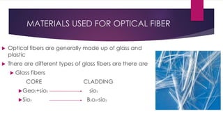 MATERIALS USED FOR OPTICAL FIBER
 Optical fibers are generally made up of glass and
plastic
 There are different types of glass fibers are there are
 Glass fibers
CORE CLADDING
Geo2+sio2 sio2
Sio2 B2o3-sio2
 